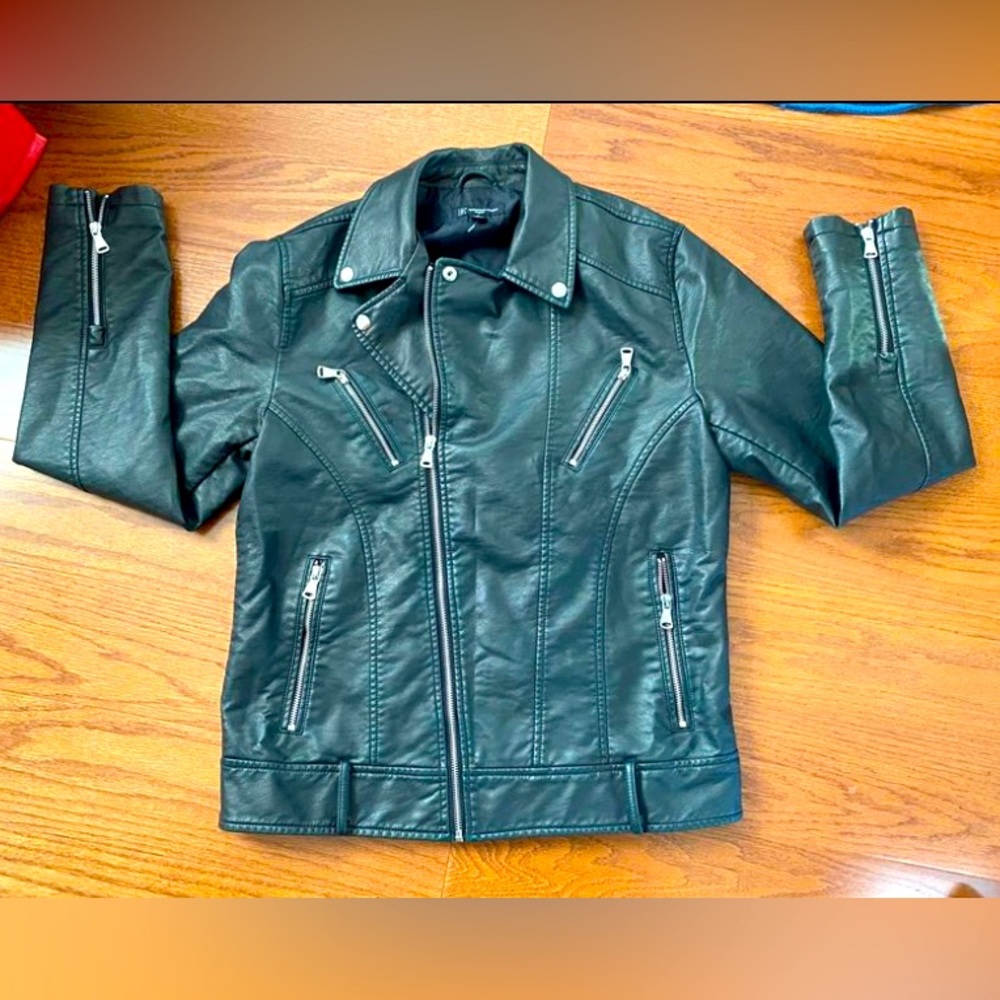 Like New INC International Faux Leather Moto Jacket Black with Green undertone